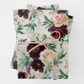 Burgundy Peony Blush Pink Mondial Rozen Inpakpapier Vel (In situ)