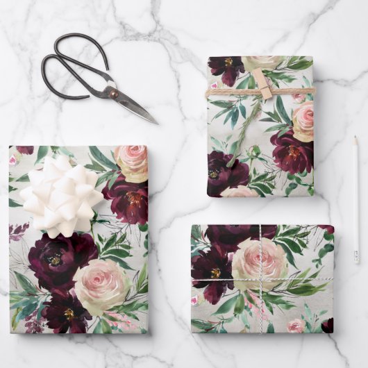 Burgundy Peony Blush Pink Mondial Rozen Inpakpapier Vel (Voorkant)