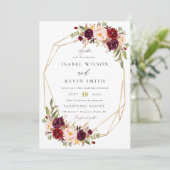 Burgundy Peony Flowers Geometric lijst bruiloft Kaart (Staand voorkant)