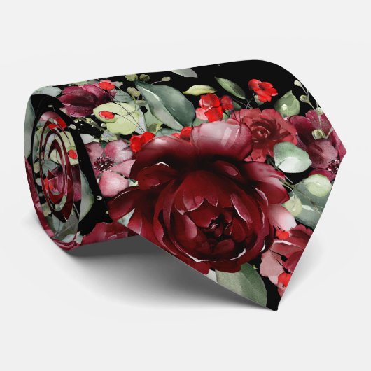 Burgundy Peony Silver Greenery Black Wedding Stropdas (Opgerold)