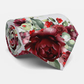 Burgundy Peony Silver Greenery Light Gray Weddensc Stropdas (Opgerold)