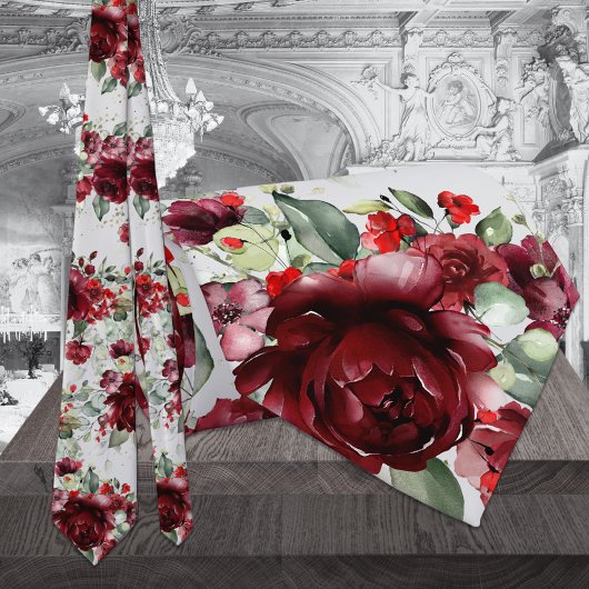 Burgundy Peony Silver Greenery Light Gray Weddensc Stropdas