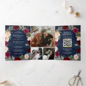 Burgundy Perzik Bloem QR Code Navyblauw Bruiloft Drieluik Uitnodiging (Binnen)
