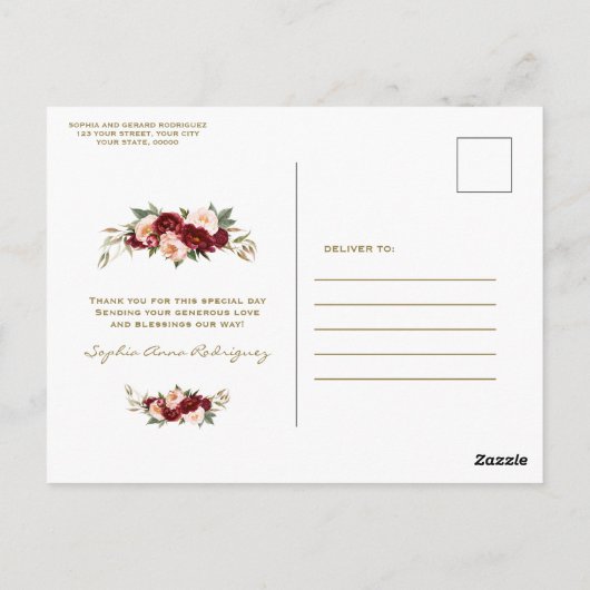 Burgundy Perzik Bloemen Spaanse Baby Shower Gracia Briefkaart (Achterkant)