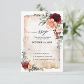 Burgundy Perzik Koraal Roze Rozen Eucalyptus RSVP (Staand voorkant)