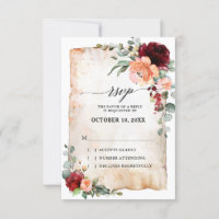 Burgundy Perzik Koraal Roze Rozen Eucalyptus RSVP