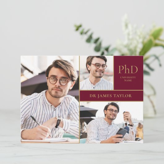 Burgundy PhD Degree 3 Foto Graduation Party Kaart (Staand voorkant)