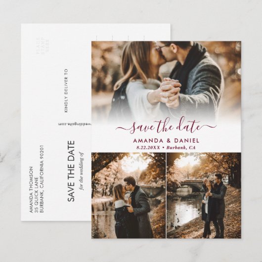 Burgundy Photo Collage Wedding Save the Date Aankondigingskaart (Voorkant / Achterkant)