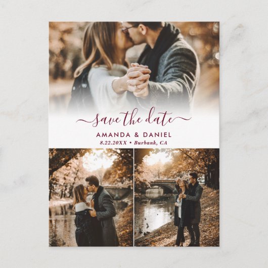 Burgundy Photo Collage Wedding Save the Date Aankondigingskaart (Voorkant)