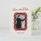 Burgundy photo retro lace  save the date (Staand voorkant)