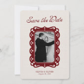 Burgundy photo retro lace  save the date (Voorkant)