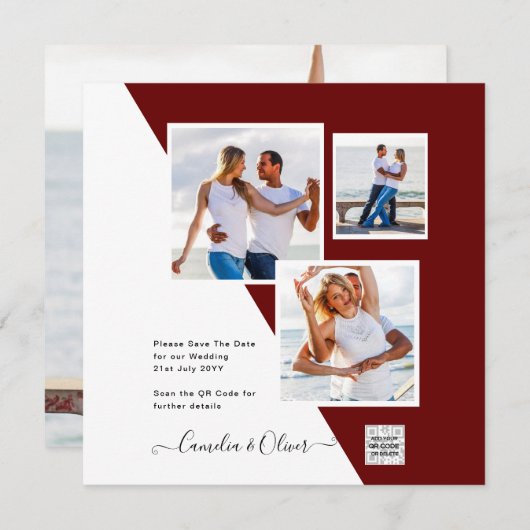 Burgundy PHOTO Weddenschap nodigt QR-code uit Opsl Kaart (Voorkant / Achterkant)