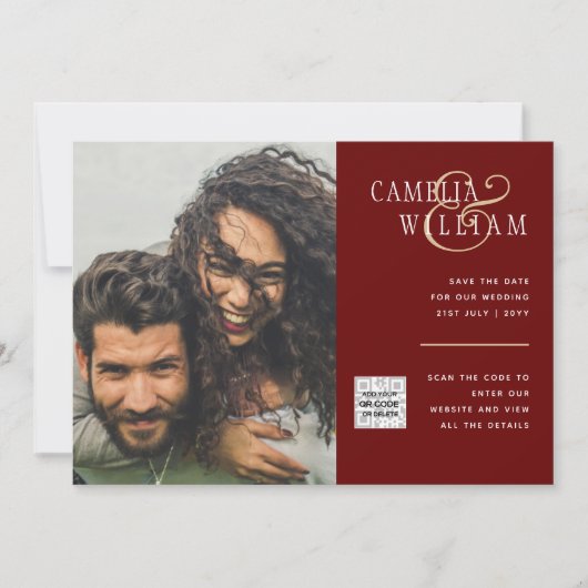 Burgundy PHOTO Weddenschap nodigt QR-code uit Opsl Kaart (Voorkant)