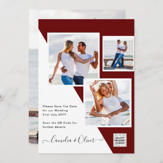 Burgundy PHOTO Weddenschap nodigt QR-code uit Opsl Kaart (Voorkant / Achterkant)