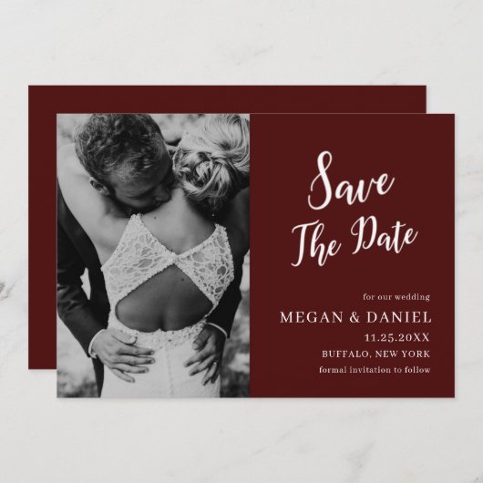 Burgundy Photo | Weddenschap Opslaan datum uitnodi Kaart (Voorkant / Achterkant)