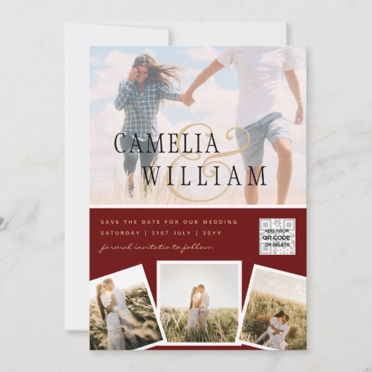 Burgundy Photo Wedding Invite QR Code Save Date Kaart (Voorkant)