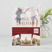 Burgundy Photo Wedding Invite QR Code Save Date Kaart (Staand voorkant)