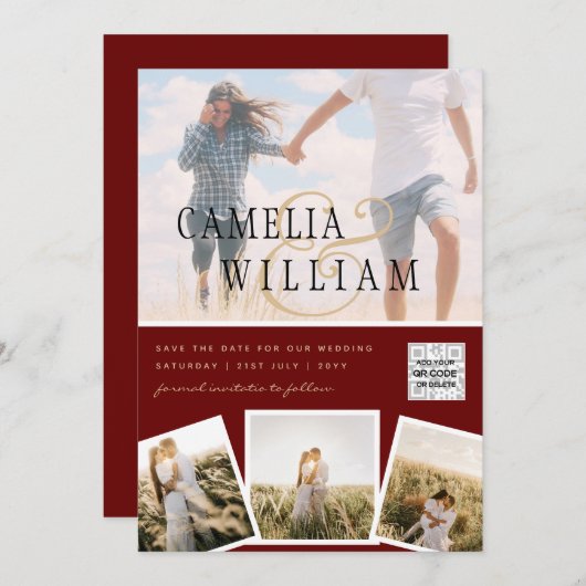 Burgundy Photo Wedding Invite QR Code Save Date Kaart (Voorkant / Achterkant)