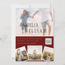 Burgundy Photo Wedding Invite QR Code Save Date Kaart