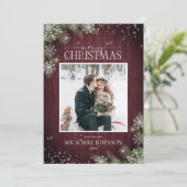 Burgundy Pine Foto New Mr & Mrs Kerstmis Aankondiging (Staand voorkant)