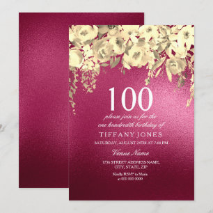 Burgundy Pink and Gold Floral 100th Birthday Party Kaart