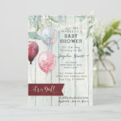 Burgundy Pink Balloon Rustic Wood Girl Baby shower Kaart (Staand voorkant)