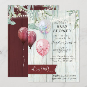 Burgundy Pink Balloon Rustic Wood Girl Baby shower Kaart