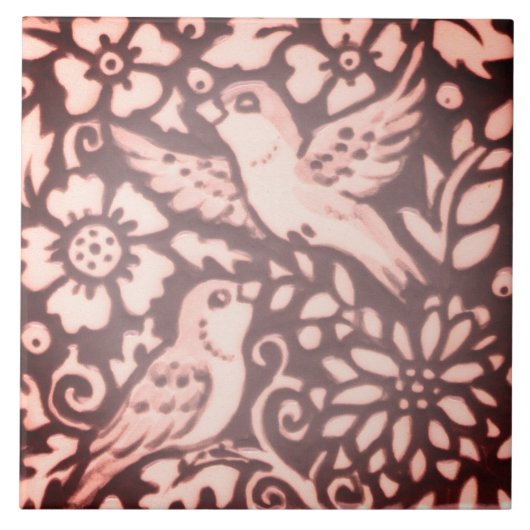Burgundy Pink Bird Foliage Woodland Decor Tegeltje (Voorkant)