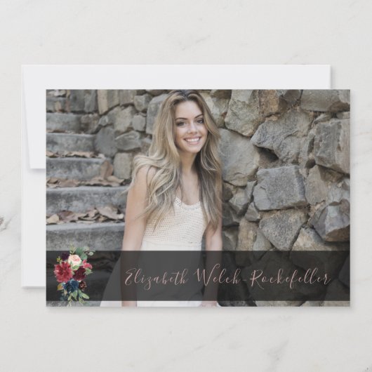 Burgundy Pink Blue Floral Foto Retirement Party Kaart (Achterkant)