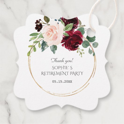 Burgundy Pink Blue Flowers Gold Retirement Party Bedankjes Labels (Achterkant)