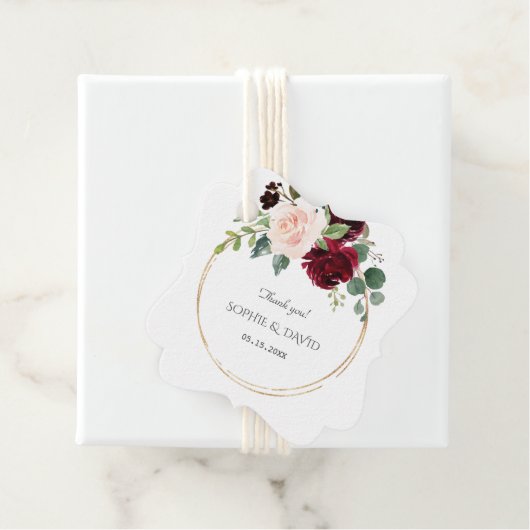 Burgundy Pink Blue Flowers Gold Weddenschap Bedankjes Labels (In situ)
