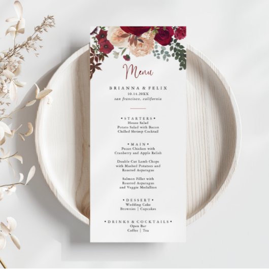 Burgundy Pink Blush Floral Dinner Menu