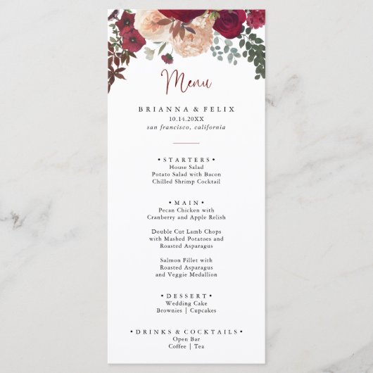 Burgundy Pink Blush Floral Dinner Menu (Voorkant)