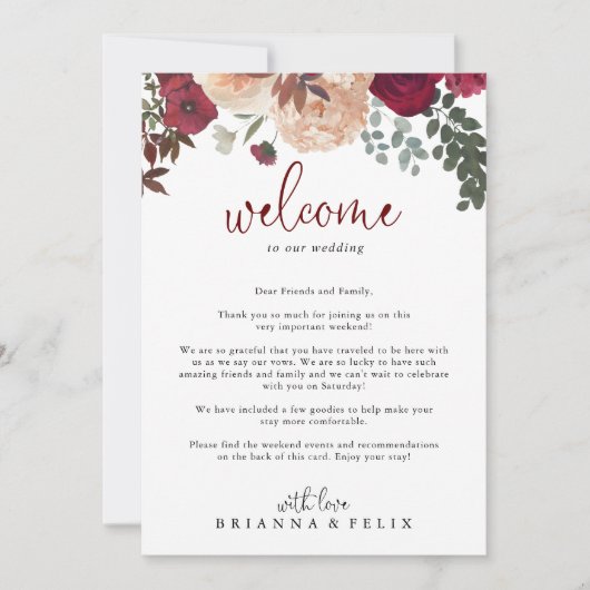 Burgundy Pink Blush Floral Weddenschap Welkomstbri (Voorkant)