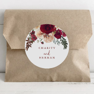Burgundy Pink Blush Floral Wedding Envelope Seals Ronde Sticker