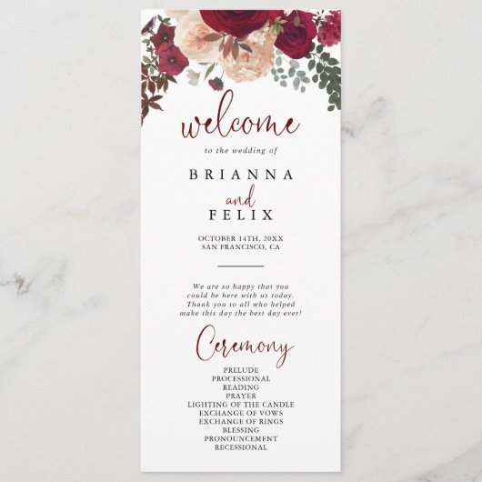 Burgundy Pink Blush Floral Wedding Programmakaart (Voorkant)