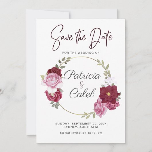 Burgundy Pink Blush Red Roses Lijst Save the Date (Voorkant)