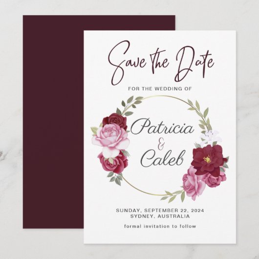 Burgundy Pink Blush Red Roses Lijst Save the Date (Voorkant / Achterkant)
