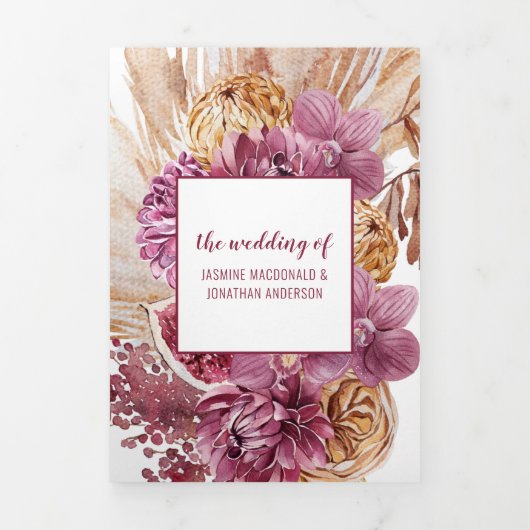 Burgundy Pink Dahlias Pampas Grass Dried Flowers Drieluik Uitnodiging (Cover)