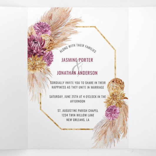 Burgundy Pink Dahlias Pampas Grass Dried Flowers Drieluik Uitnodiging (Binnenkant midden)