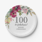 Burgundy Pink Floral 100th Birthday Papieren Bordje (Voorkant)