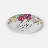 Burgundy Pink Floral 100th Birthday Papieren Bordje (Gekanteld)
