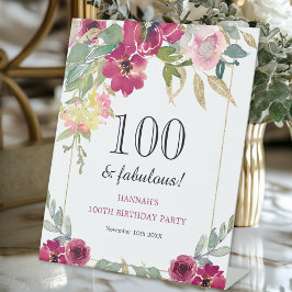 Burgundy Pink Floral 100th Birthday Reclamebord Met Voetstuk
