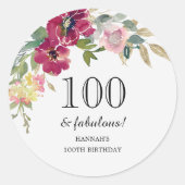 Burgundy Pink Floral 100th Birthday Ronde Sticker (Voorkant)
