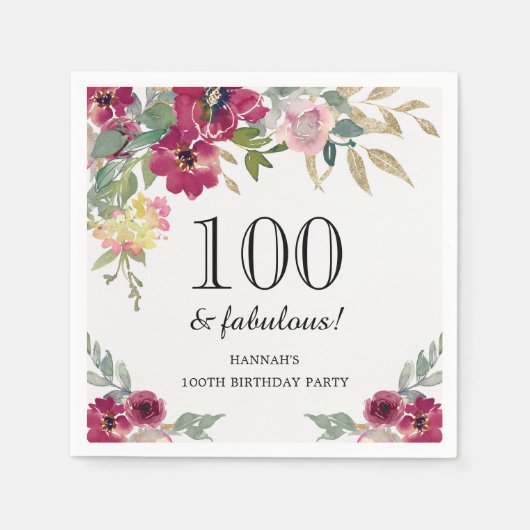 Burgundy Pink Floral 100th Birthday Servet (Voorkant)