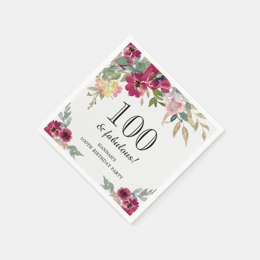 Burgundy Pink Floral 100th Birthday Servet (Hoek)