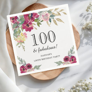 Burgundy Pink Floral 100th Birthday Servet