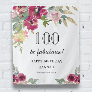 Burgundy Pink Floral 100th Birthday Wandkleed
