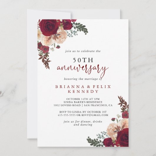 Burgundy Pink Floral 50th Wedding Jubileum Kaart (Voorkant)