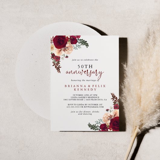 Burgundy Pink Floral 50th Wedding Jubileum Kaart